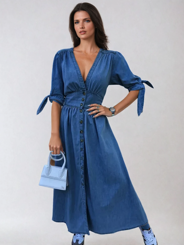Grace Relaxed Denim Maxi Dress V-Neck