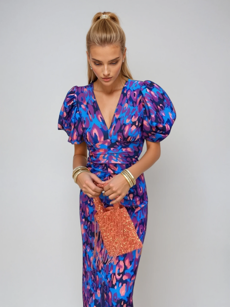 Rosalind Colorful Pleated-Sleeve Midi Dress for Everyday