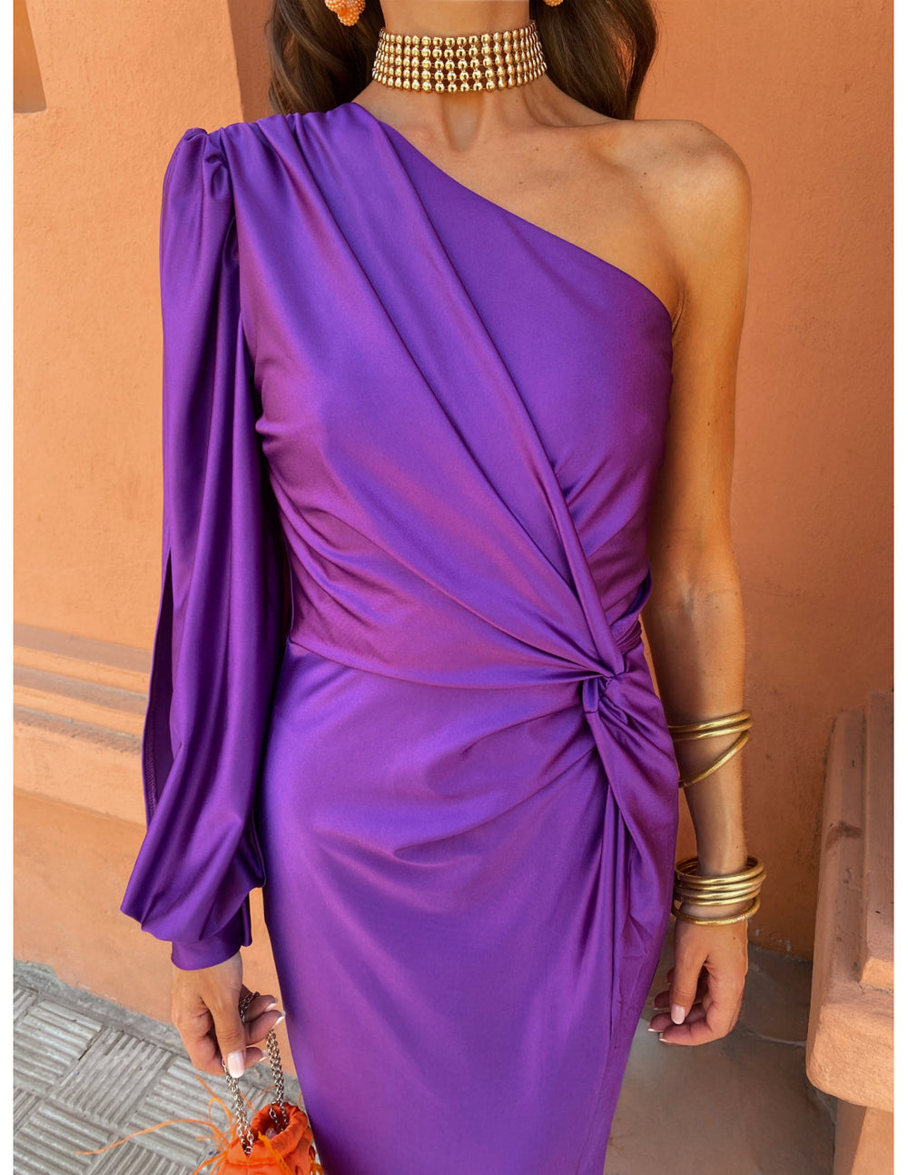 Elisa Long-Sleeve One-Shoulder High-Slit Maxi Dress