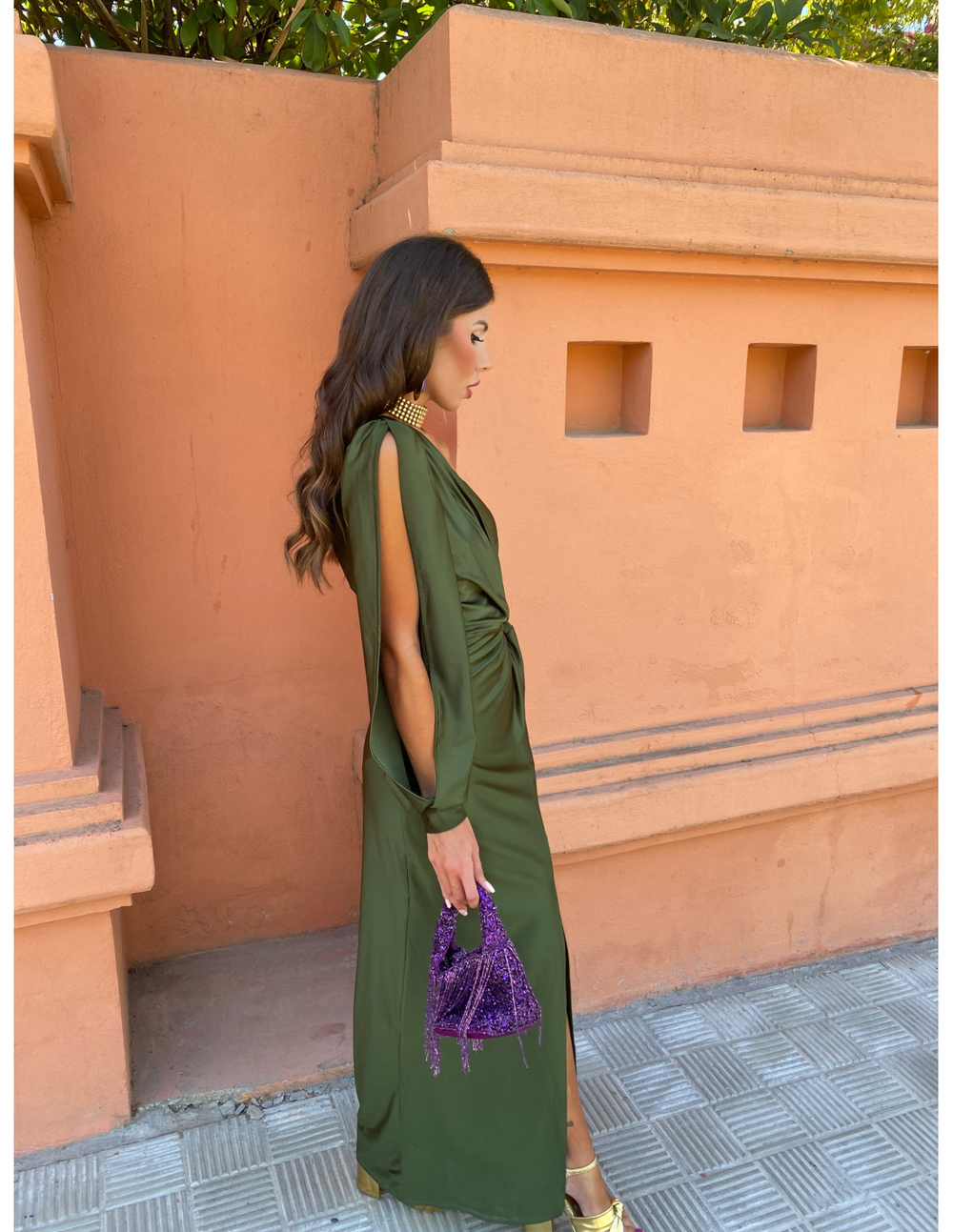 Elisa Long-Sleeve One-Shoulder High-Slit Maxi Dress