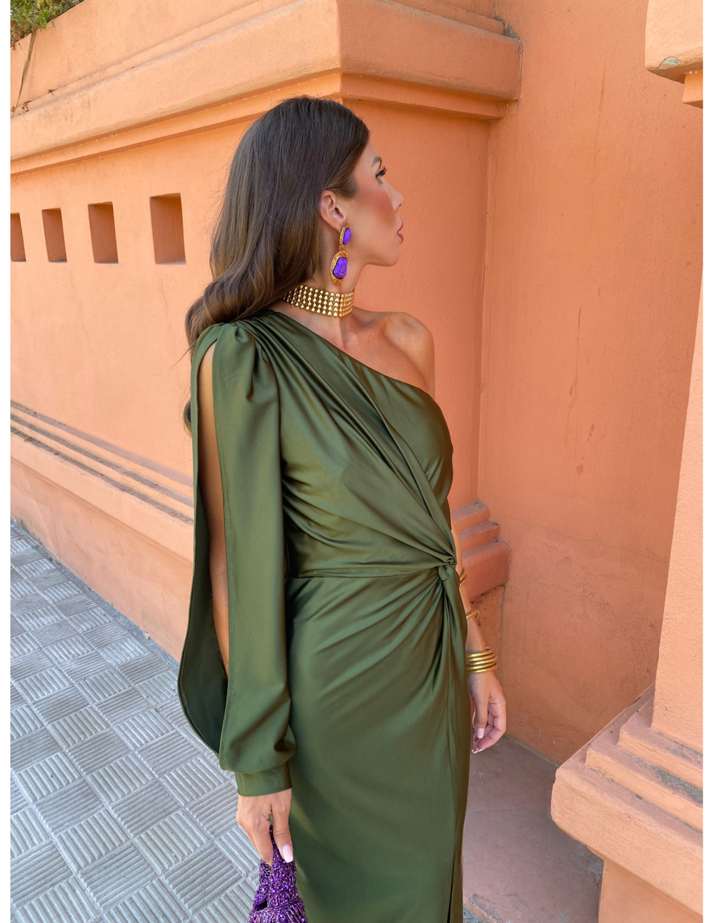 Elisa Long-Sleeve One-Shoulder High-Slit Maxi Dress