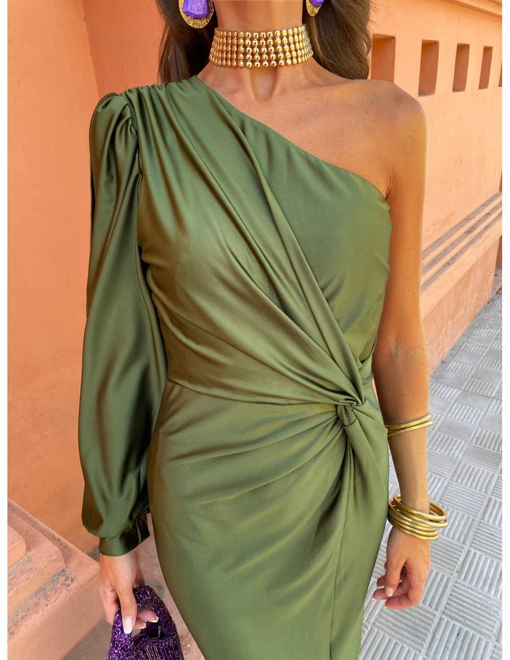 Elisa Long-Sleeve One-Shoulder High-Slit Maxi Dress