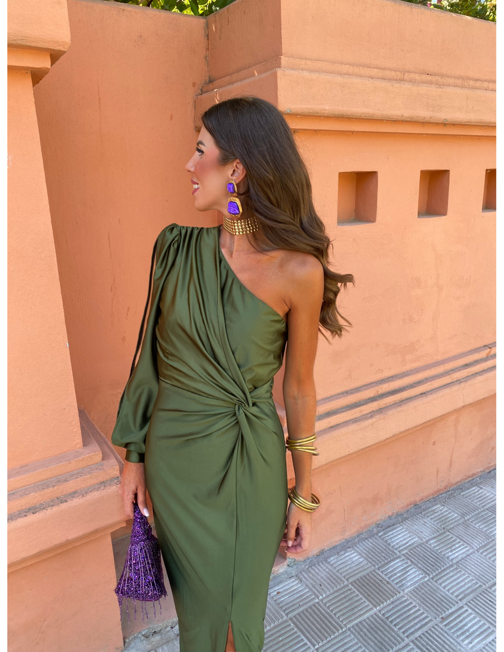 Elisa Long-Sleeve One-Shoulder High-Slit Maxi Dress