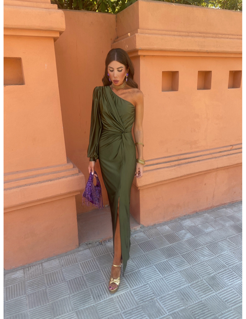 Elisa Long-Sleeve One-Shoulder High-Slit Maxi Dress