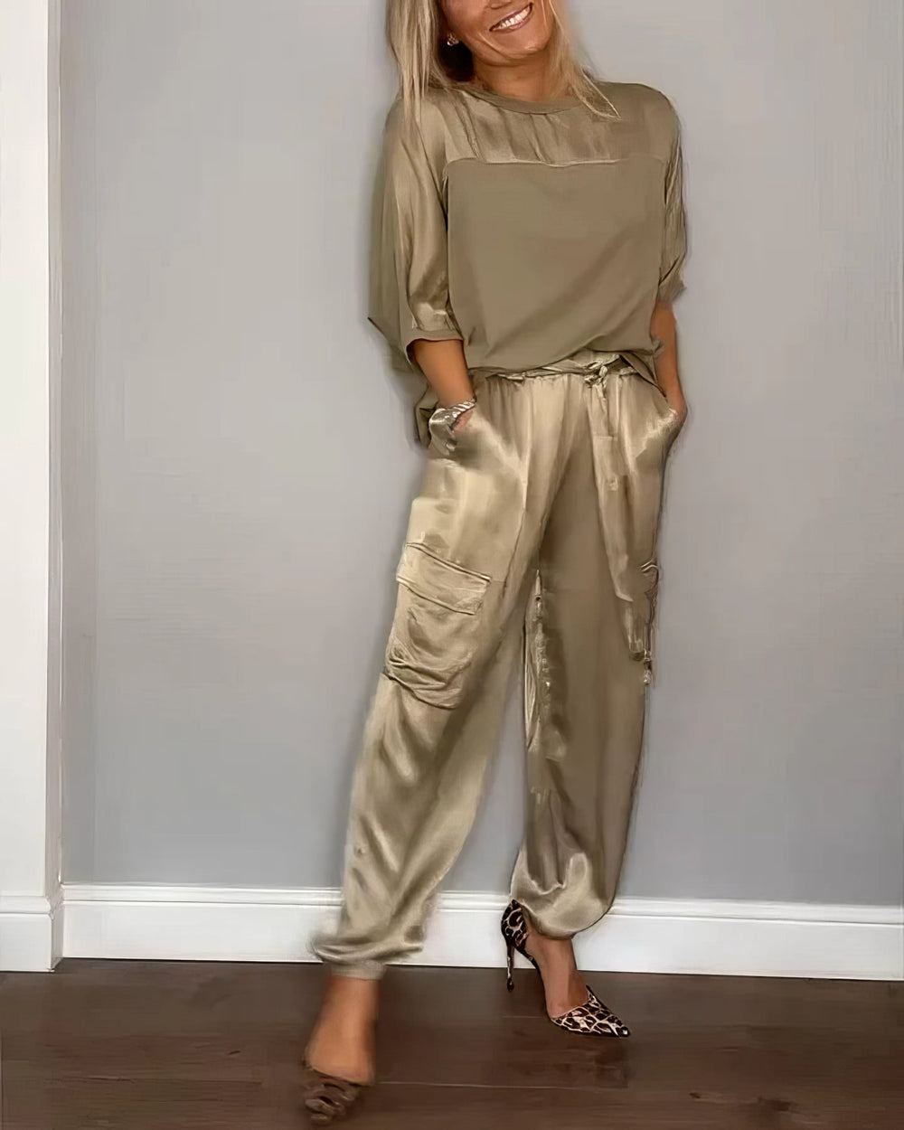 Amelia Blouse and Cargo Pants Two-Piece Set