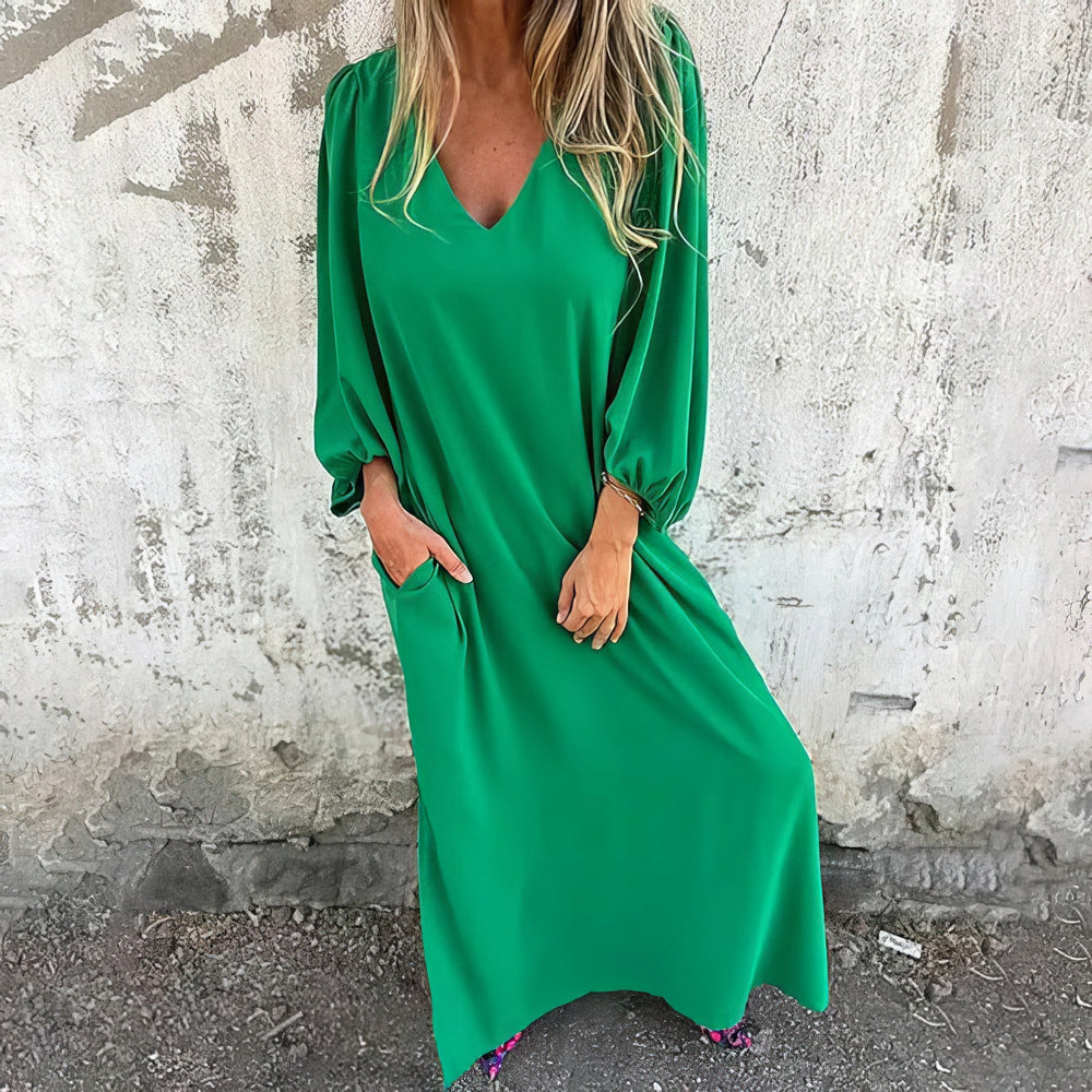 Livia Bohemian V-Neck Maxi Dress with Pockets and Slit
