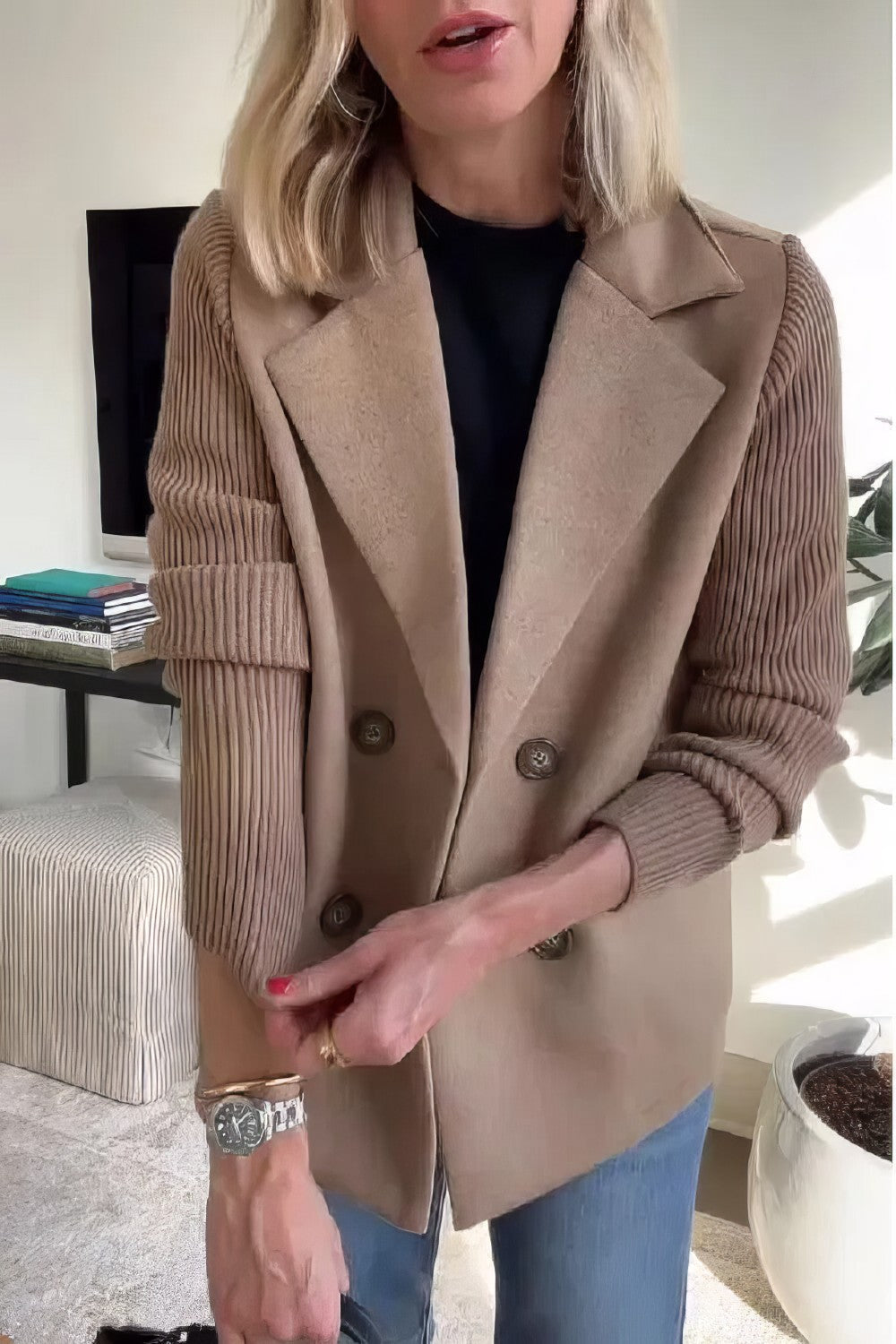 Claire Long Patchwork-Sleeve Cardigan for Everyday Wear