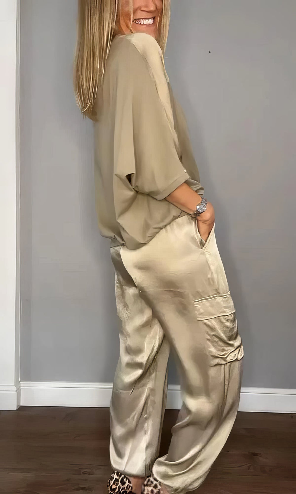 Amelia Blouse and Cargo Pants Two-Piece Set