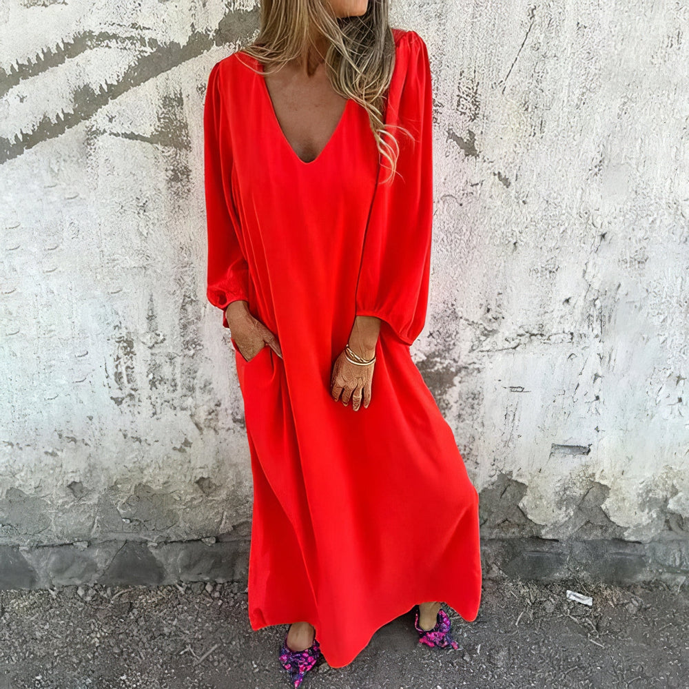 Livia Bohemian V-Neck Maxi Dress with Pockets and Slit