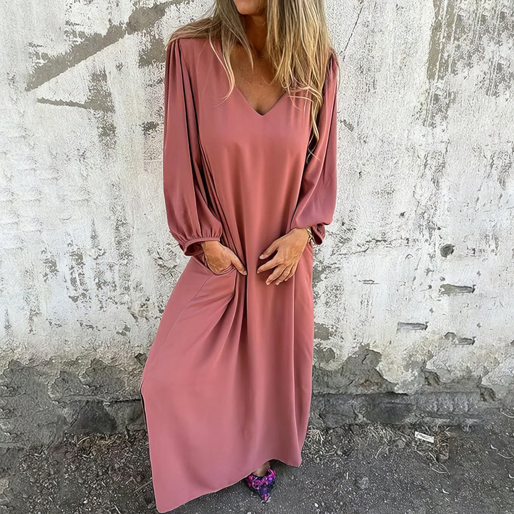 Livia Bohemian V-Neck Maxi Dress with Pockets and Slit