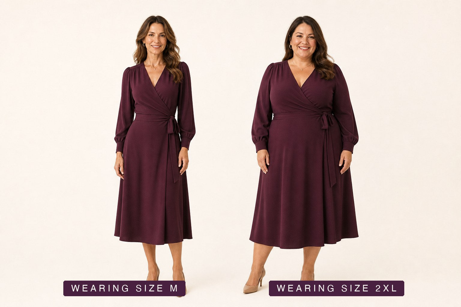 The same piece worn by a size M model (left) and a size 2XL model (right)