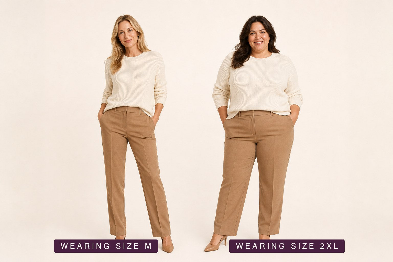 The same piece worn by a size M model (left) and a size 2XL model (right)
